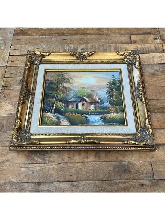 Unbranded Other - Vintage-style Oil Painting Cabin by a river Gold Ornate Wood Frame